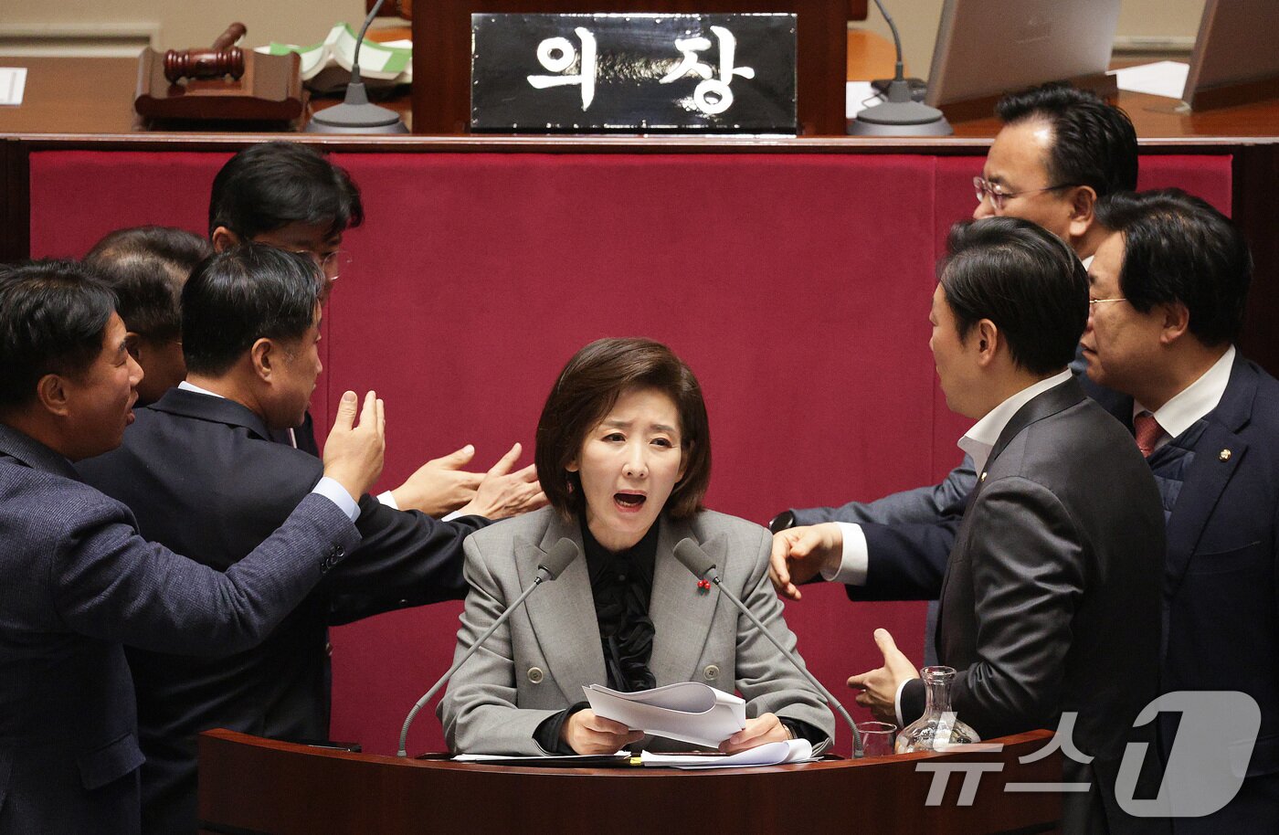 본문 이미지 - 나경원 국민의힘 의원이 9일 서울 여의도 국회에서 열린 제429회국회&#40;정기회&#41; 제16차 본회의에서 가맹사업거래의 공정화에 관한 법률 일부개정법률안에 대한 무제한 토론&#40;필리버스터&#41;을 하는 가운데 여야 의원들이 충돌하고 있다. 2025.12.9/뉴스1 ⓒ News1 신웅수 기자