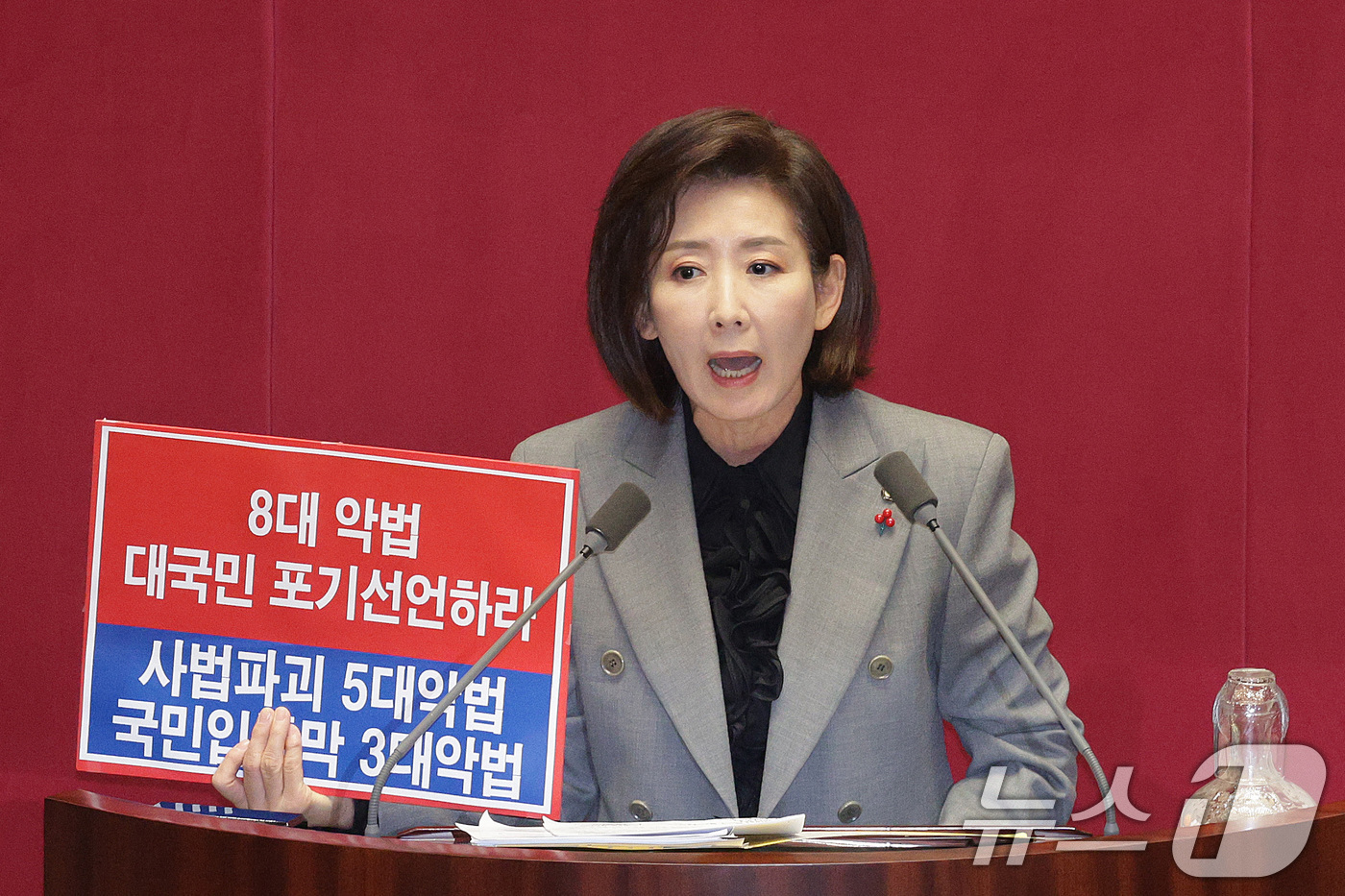 (서울=뉴스1) 신웅수 기자 = 나경원 국민의힘 의원이 9일 서울 여의도 국회에서 열린 제429회국회(정기회) 제16차 본회의에서 가맹사업거래의 공정화에 관한 법률 일부개정법률안에 …