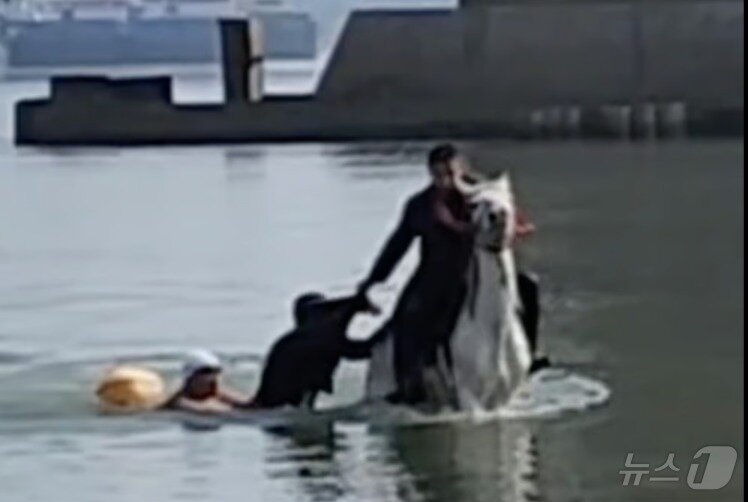 본문 이미지 - 강가로 나오자 다른 사람이 구조를 돕고 있다. - 웨이보 갈무리