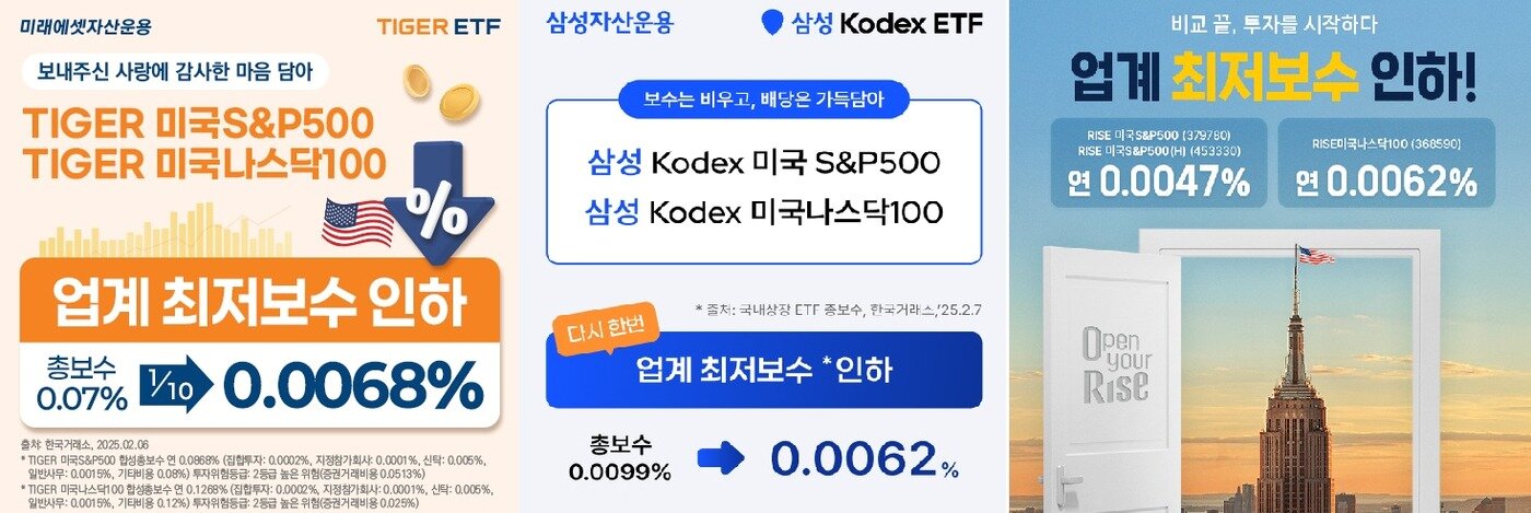 본문 이미지 - ETF 보수 인하 현황 &#40;왼쪽부터&#41; 미래에셋자산운용 타이거 ETF, 삼성자산운용 코덱스 ETF, KB자산운용 라이즈 ETF