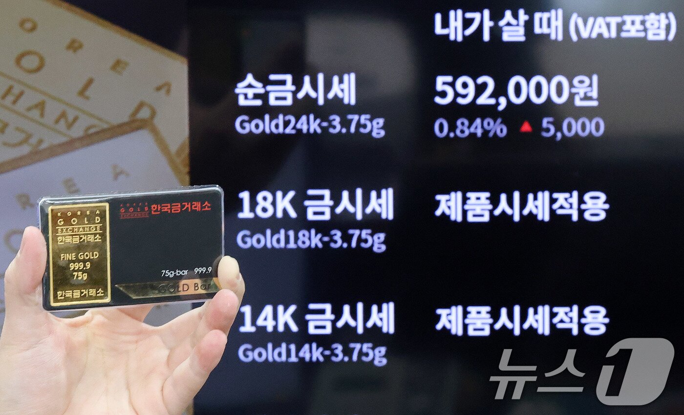본문 이미지 - 11일 서울 종로구 한국금거래소 종로본점 전광판에 금시세가 나타나고 있다. 2025.2.11/뉴스1 ⓒ News1 박세연 기자