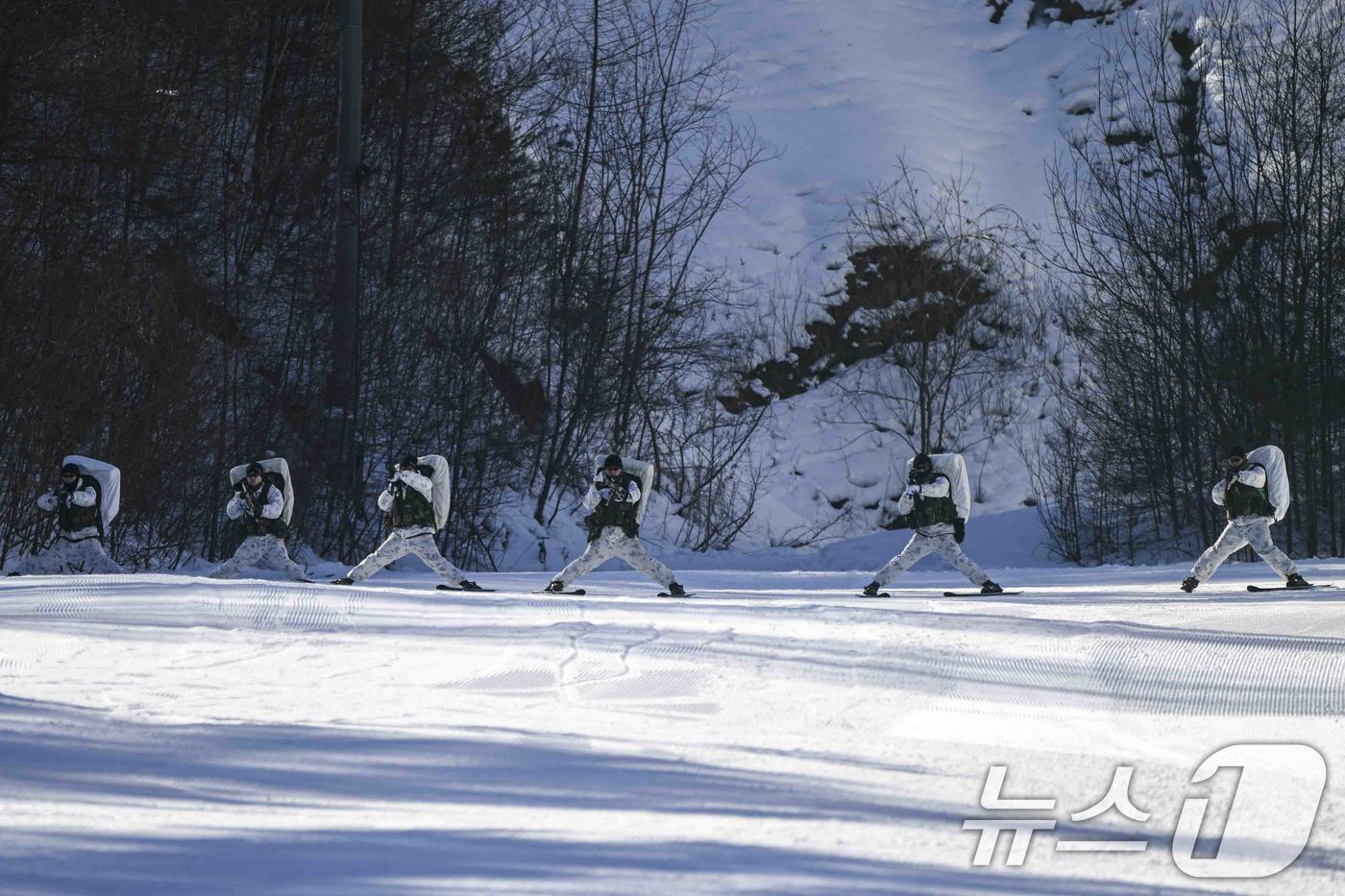 본문 이미지 - 해병대사령부는 해병대 특수수색대대와 1·2사단 수색대대가 지난 4일부터 오는 28일까지 평창 산악종합훈련장과 황병산 일대에서 실시된  '2025년 동계 설한지 훈련'에서 스키를 이용 적진에 침투하고 있다. (해병대사령부 제공. 재판매 및 DB 금지) 2025.2.12/뉴스1