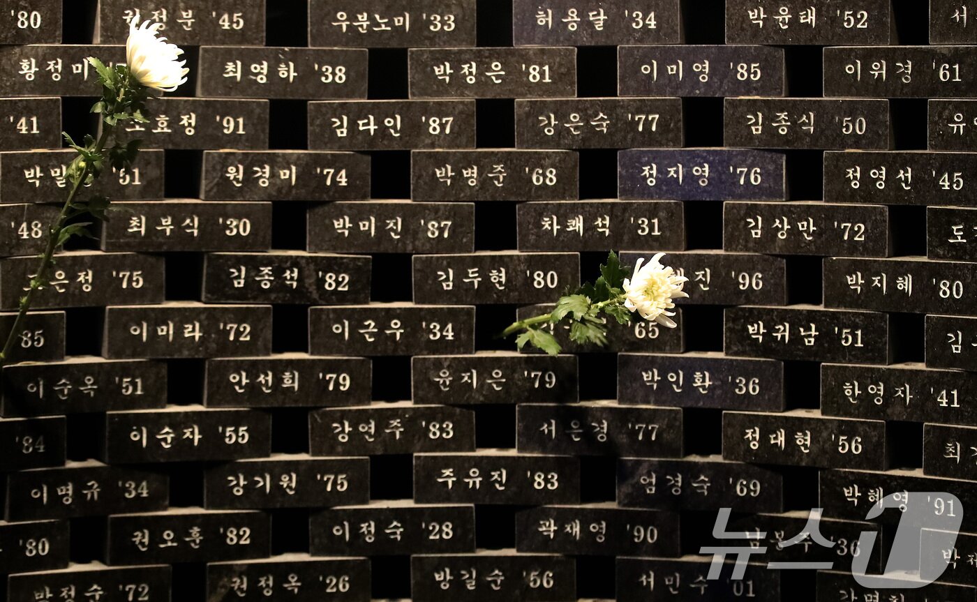 본문 이미지 - 대구지하철화재참사 22주기를 앞두고 12일 오전 대구도시철도 1호선 중앙로역 기억공간에 희생자를 추모하는 국화가 놓여 있다. 2025.2.12/뉴스1 ⓒ News1 공정식 기자