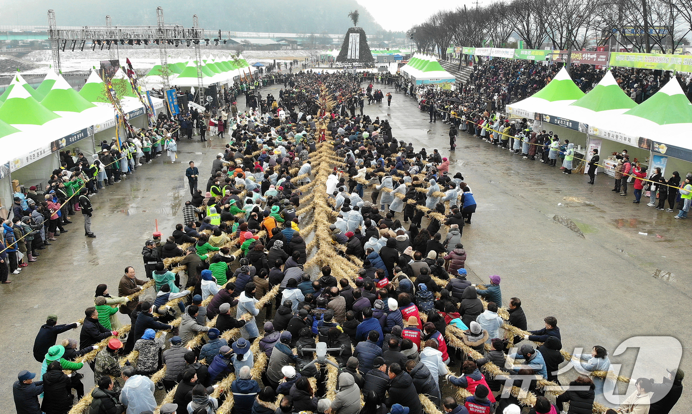 (청도=뉴스1) 공정식 기자 = 정월대보름인 12일 오후 경북 청도군 청도천 둔치에서 주민들이 군민화합과 풍년농사를 기원하는 '도주 줄당기기'를 하고 있다. 2025.2.12/뉴스 …