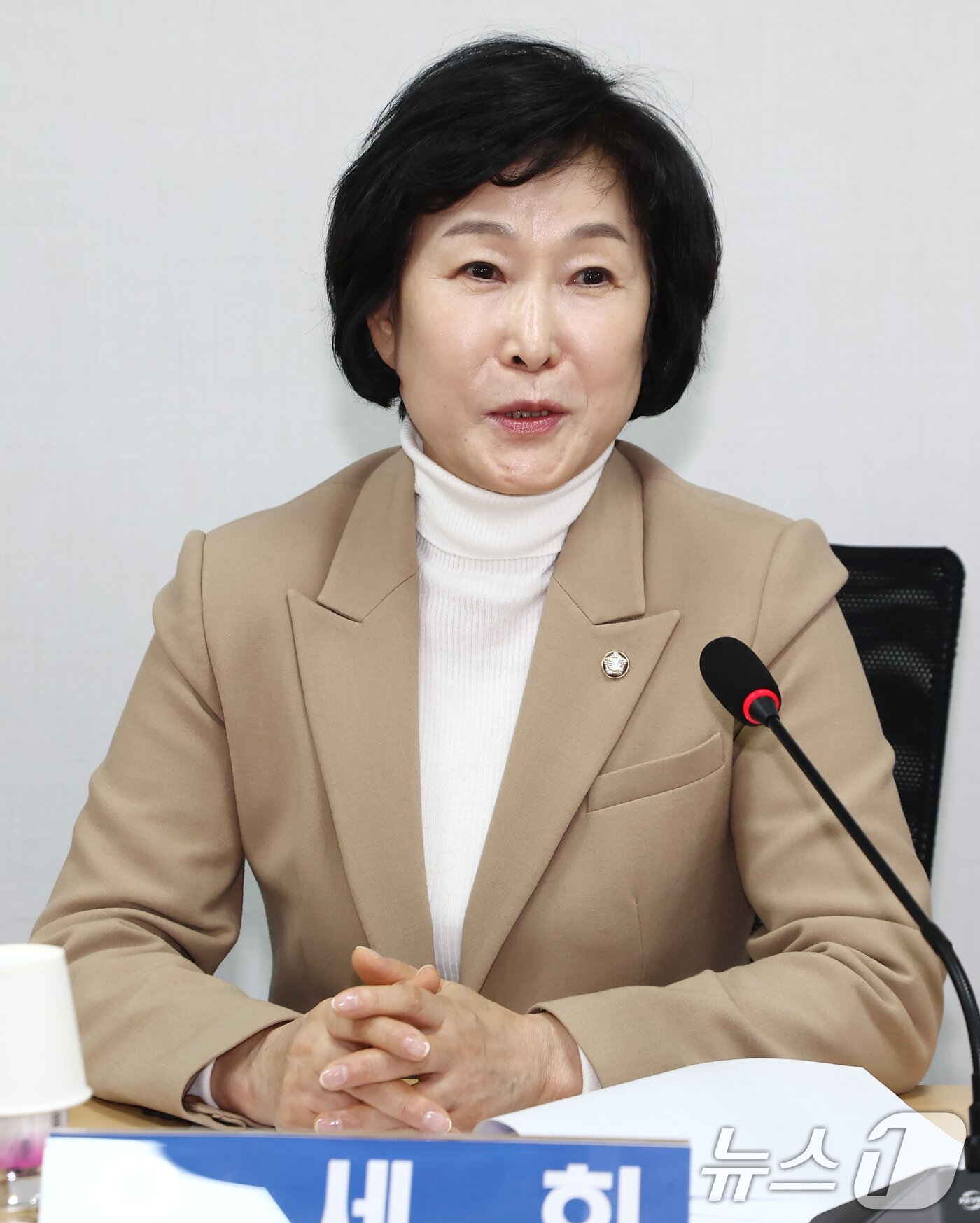 본문 이미지 - 오세희 더불어민주당 의원이 13일 서울 여의도 국회 의원회관에서 열린 부동산거래질서 확립과 선진화를 위한 한국공인중개사협회 현안 간담회에서 인사말을 하고 있다. 2025.2.13 ⓒ 뉴스1 김민지 기자