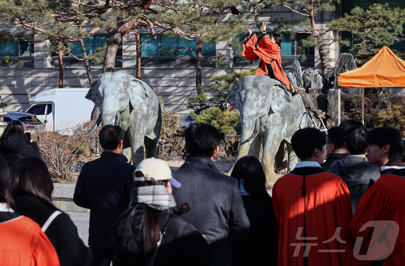 (서울=뉴스1) 김도우 기자 = 13일 서울 중구 장충동 동국대학교에서 열린 '2025년 봄 학위수여식'에서 졸업생들이 코끼리 동상에 올라타 기념촬영을 하고 있다. 2025.2.1 …