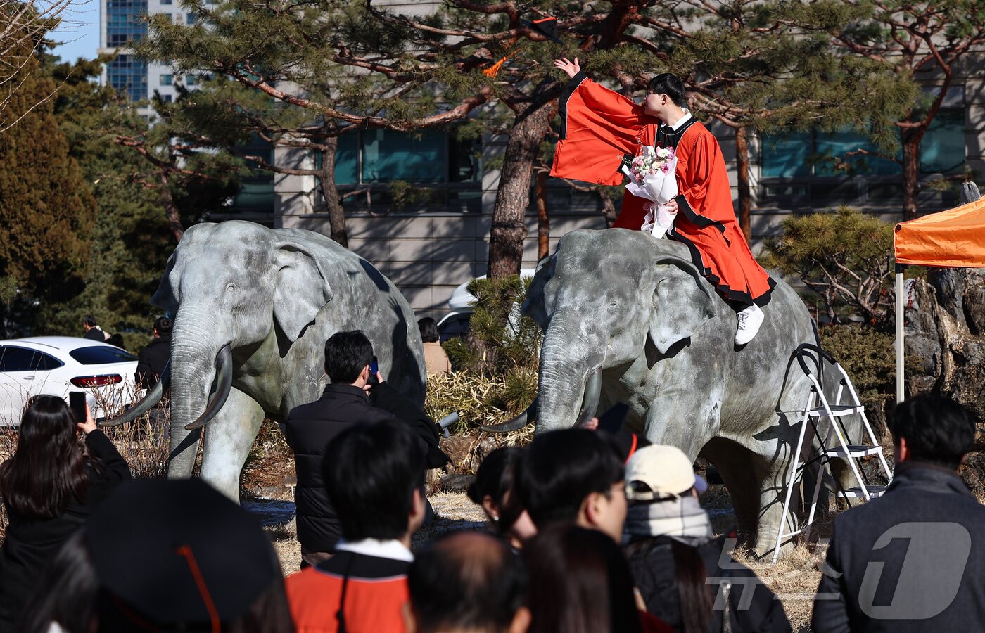 본문 이미지 - 13일 서울 중구 장충동 동국대학교에서 열린 &#39;2025년 봄 학위수여식&#39;에서 졸업생들이 코끼리 동상에 올라타 기념촬영을 하고 있다. 2025.2.13/뉴스1 ⓒ News1 김도우 기자