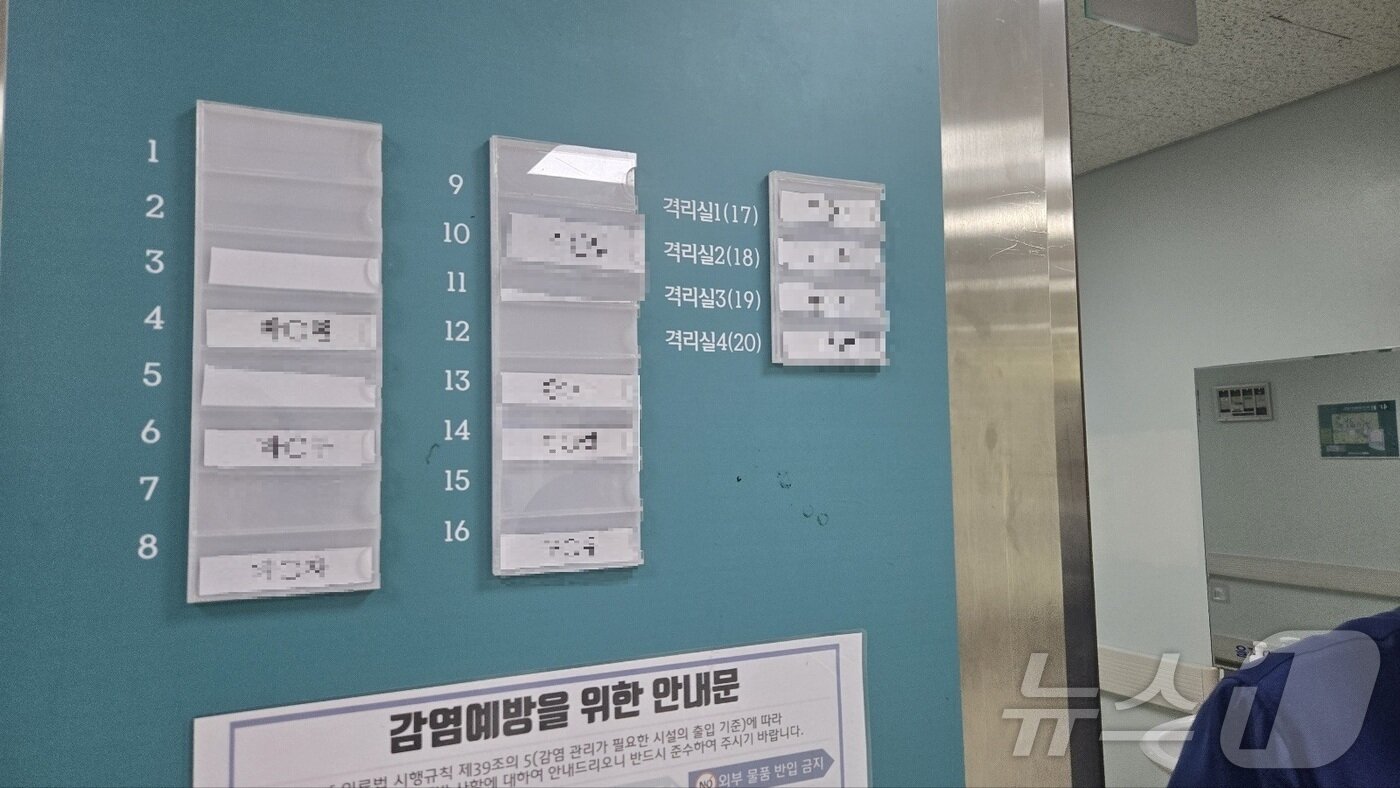본문 이미지 -  13일 초등생 피습사건의 가해자 교사가 입원 중인 대전의 한 대학병원  중환자실의 환자목록표에 빈 종이가 끼워져 있는 모습. 2024.2.13 /뉴스1 ⓒ News1 허진실 기자
