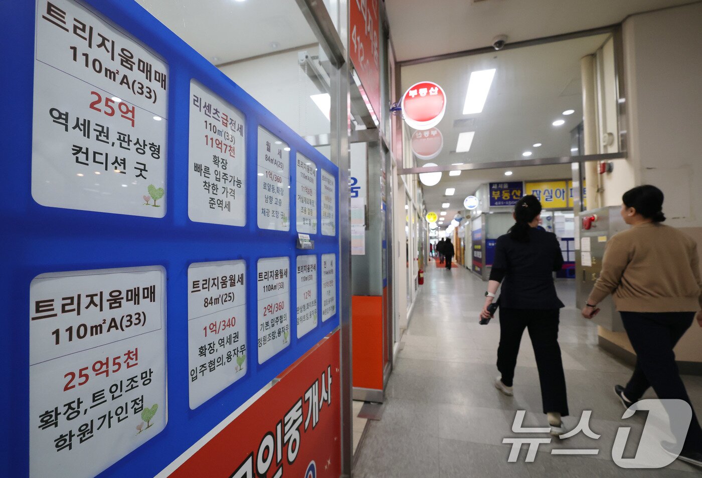 본문 이미지 - 13일 서울 송파구의 한 부동산중개업소에 잠실 아파트단지 매물정보가 붙어있다. 2025.2.13/뉴스1 ⓒ News1 박세연 기자