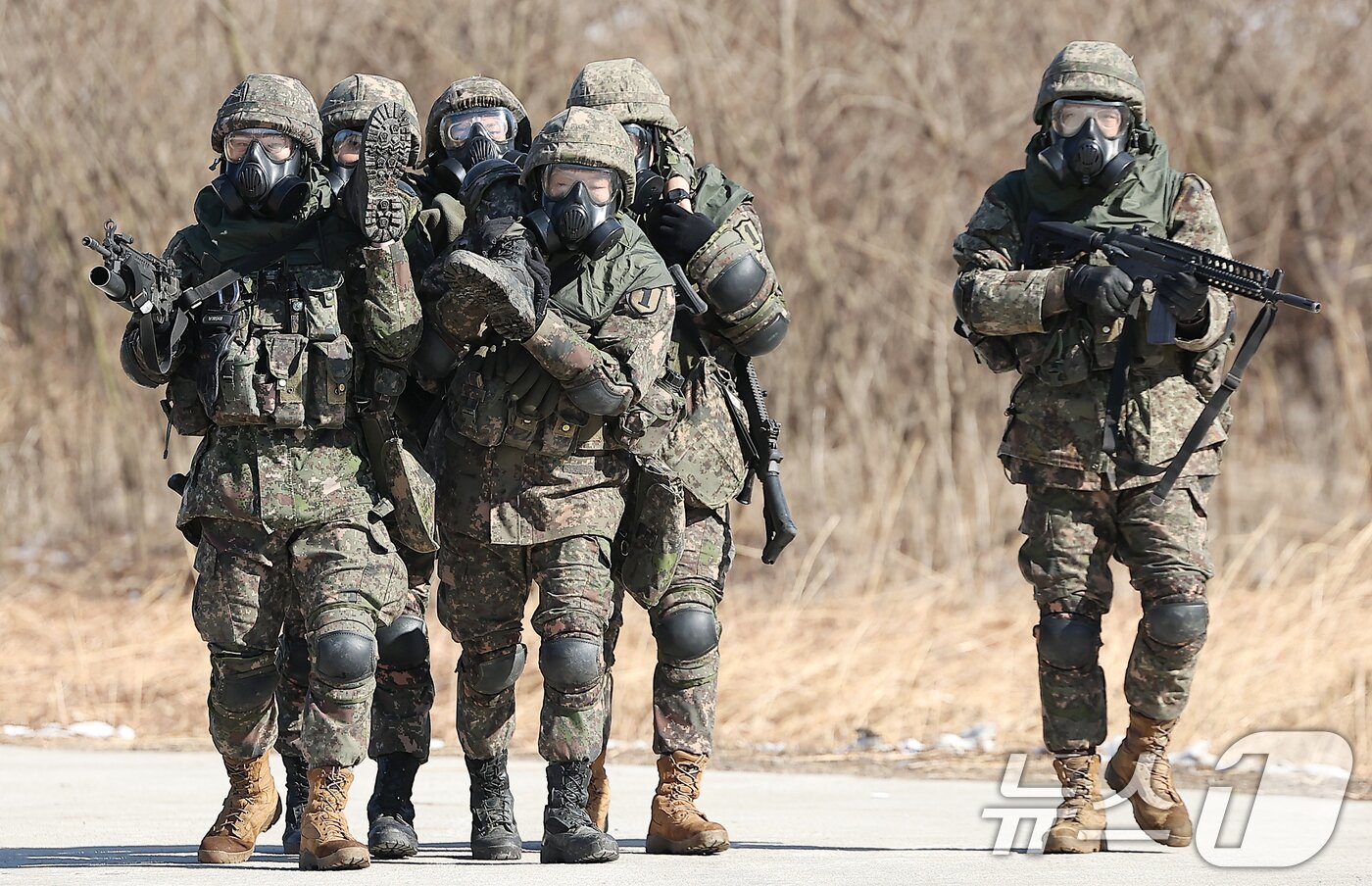 본문 이미지 - 13일 오후 경기 파주시 문산읍 소재 인근 훈련장에서 &#39;2025년 혹한기 훈련&#39;의 일환으로 실시된 &#39;대량 전상자 처치 훈련&#39;에 참가한 육군 제1보병사단 장병들이 부상병을 옮기고 있다. 2025.2.13/뉴스1 ⓒ News1 김진환 기자