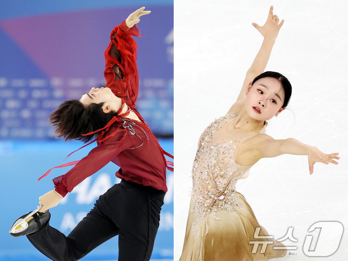 (하얼빈(중국)=뉴스1) 이승배 기자 = 차준환(왼쪽)과 김채연이 13일 중국 헤이룽장성 하얼빈 빙상훈련센터 다목적홀에서 열린 하얼빈 동계아시안게임 피겨 싱글 프리스케이팅에서 연기 …