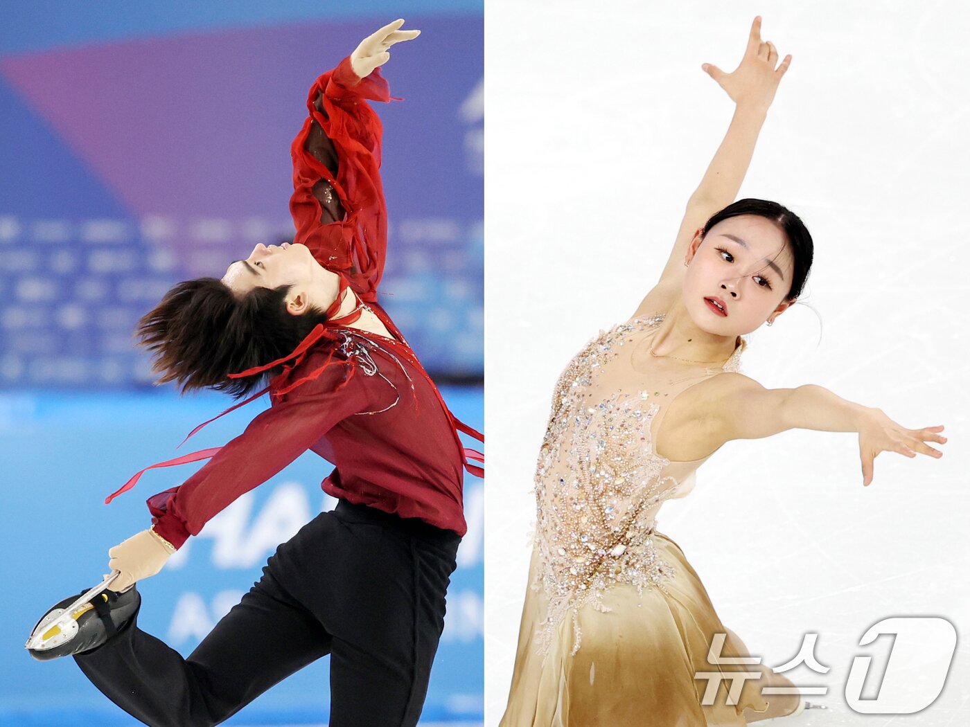본문 이미지 - 차준환(왼쪽)과 김채연이 13일 중국 헤이룽장성 하얼빈 빙상훈련센터 다목적홀에서 열린 하얼빈 동계아시안게임 피겨 싱글 프리스케이팅에서 연기를 펼치고 있다. 2025.2.13/뉴스1 ⓒ News1 이승배 기자