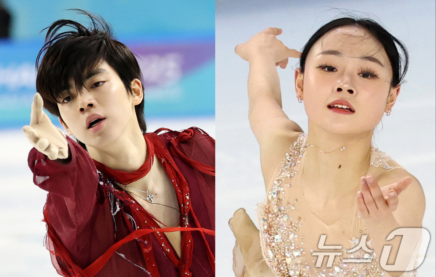 (서울=뉴스1) 이승배 기자 = 차준환(왼쪽)과 김채연이 13일 중국 헤이룽장성 하얼빈 빙상훈련센터 다목적홀에서 열린 하얼빈 동계아시안게임 피겨 싱글 프리스케이팅에서 연기를 펼치고 …