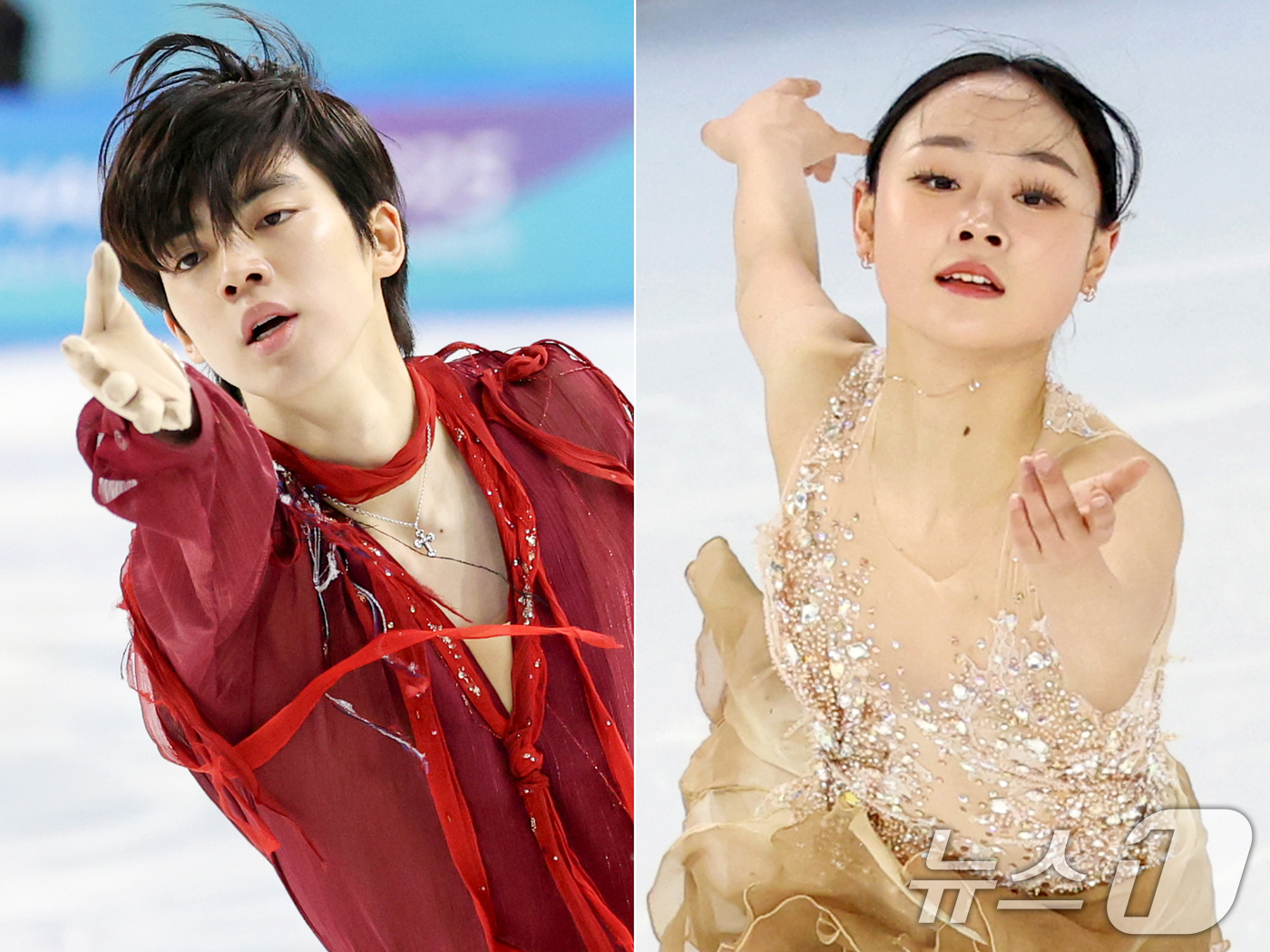 (하얼빈(중국)=뉴스1) 이승배 기자 = 차준환(왼쪽)과 김채연이 13일 중국 헤이룽장성 하얼빈 빙상훈련센터 다목적홀에서 열린 하얼빈 동계아시안게임 피겨 싱글 프리스케이팅에서 연기 …