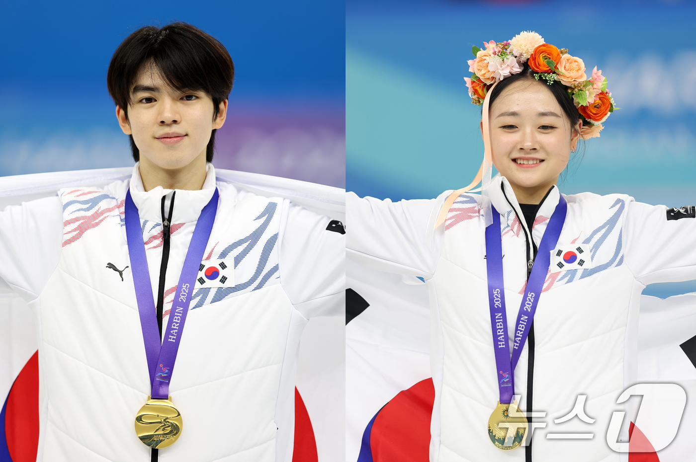 (하얼빈(중국)=뉴스1) 이승배 기자 = 피겨 차준환과 김채연이 13일 중국 헤이룽장성 하얼빈 빙상훈련센터 다목적홀에서 열린 하얼빈 동계아시안게임 프리스케이팅에서 각각 금메달을 차 …