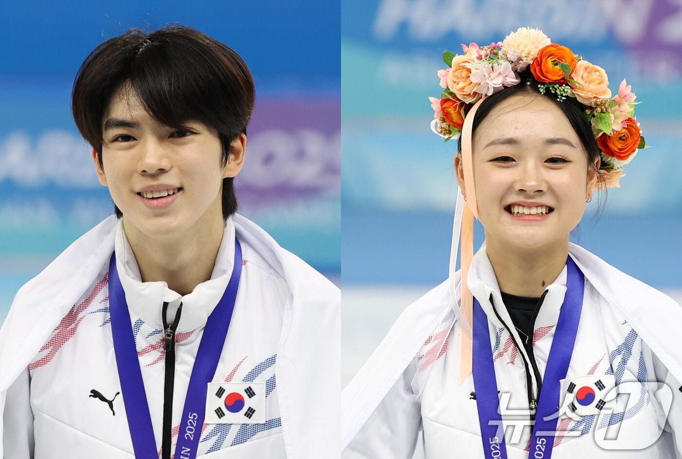 본문 이미지 - 피겨 차준환과 김채연이 13일 중국 헤이룽장성 하얼빈 빙상훈련센터 다목적홀에서 열린 하얼빈 동계아시안게임 프리스케이팅에서 각각 금메달을 차지한 뒤 시상식에서 미소 짓고 있다. 2025.2.13/뉴스1 ⓒ News1 이승배 기자