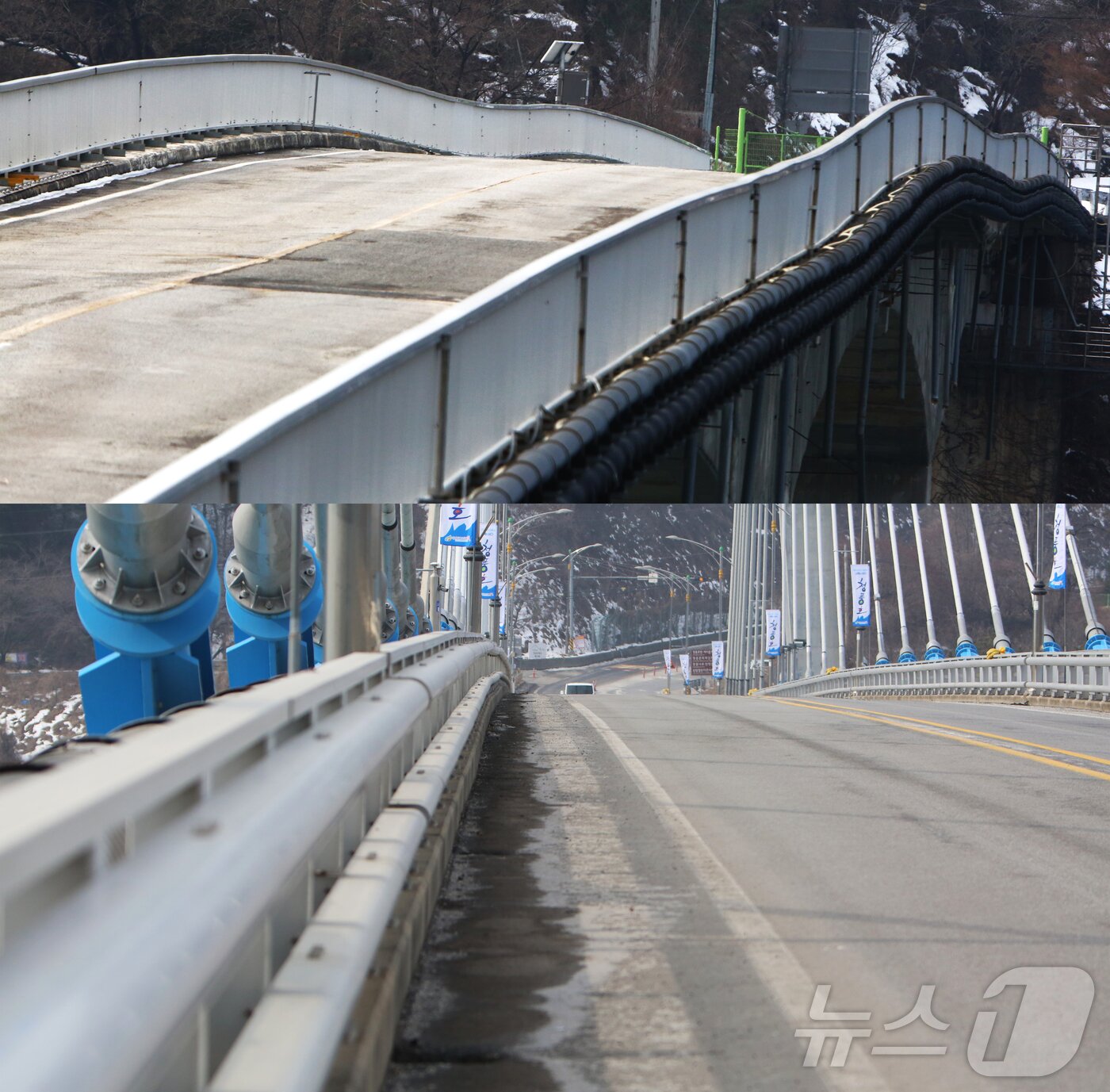 본문 이미지 - 제천 옛 청풍대교&#40;위&#41;와 신 청풍대교&#40;아래&#41;ⓒ News1 손도언 기자