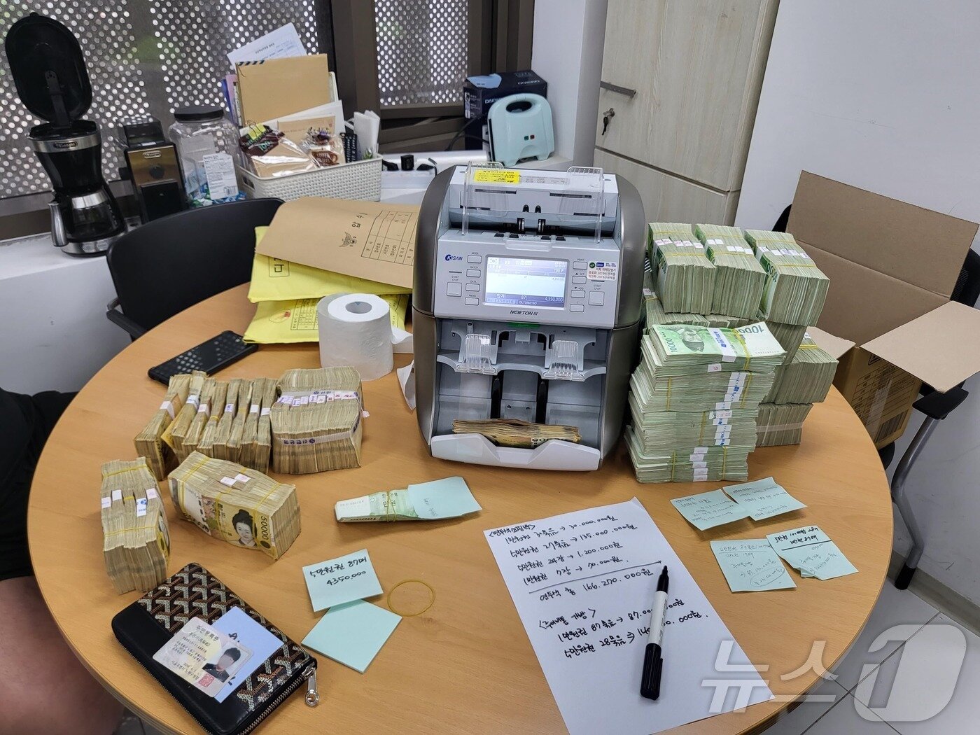 본문 이미지 - 경찰이 피의자들로부터 압수한 현금(서울 종로경찰서 제공)