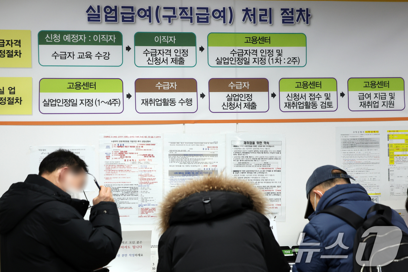 (서울=뉴스1) 황기선 기자 = 17일 서울 마포구 고용노동부 서울서부지청에서 구직자가 실업급여 신청서를 작성하고 있다.통계청에 따르면 1월 비경제활동인구는 1671만 3000명으 …