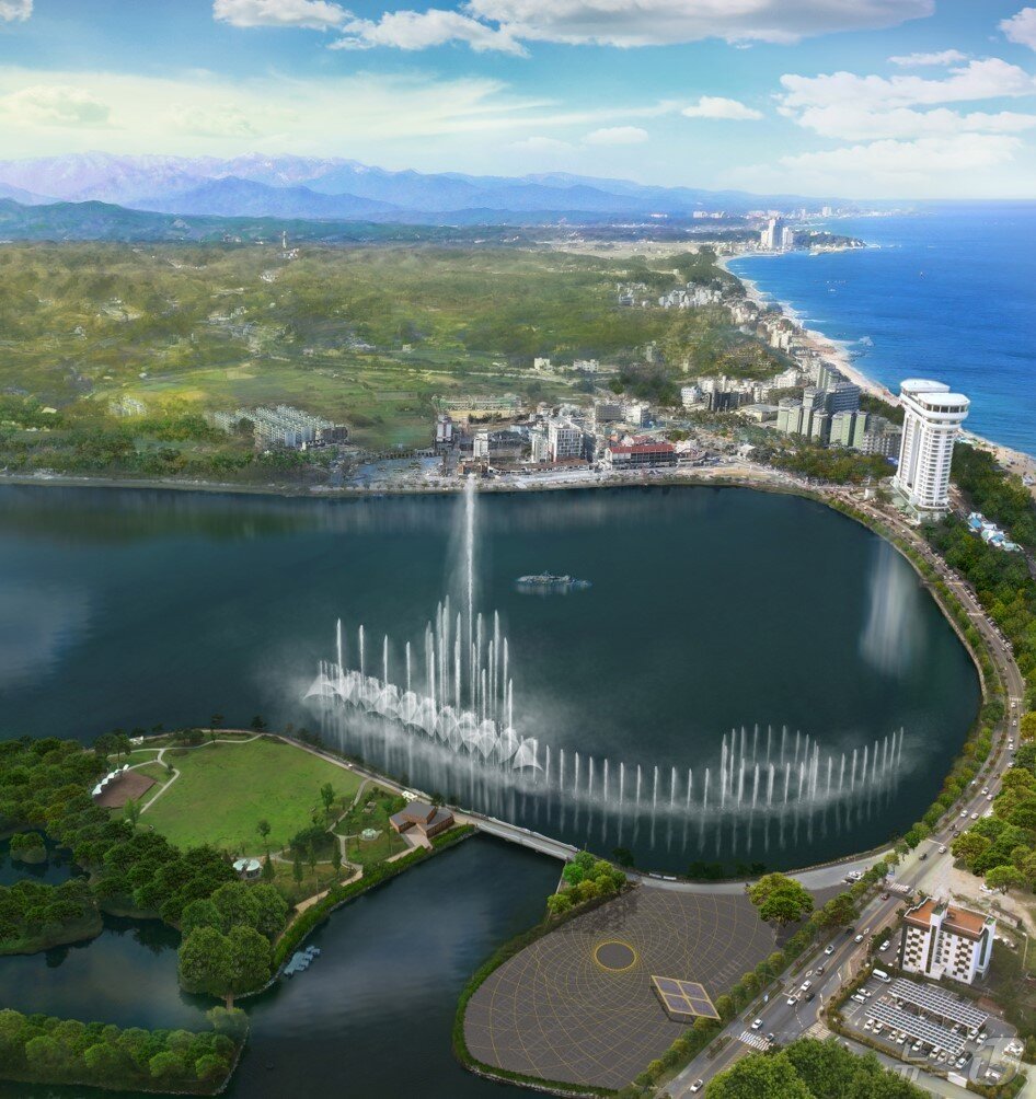 본문 이미지 - 강원 강릉시가 경포호 내 수질개선과 물순환을 목적으로 설치를 추진 중인 수중폭기시설(인공분수) 조감도.(강릉시 제공, 재판매 및 DB 금지)