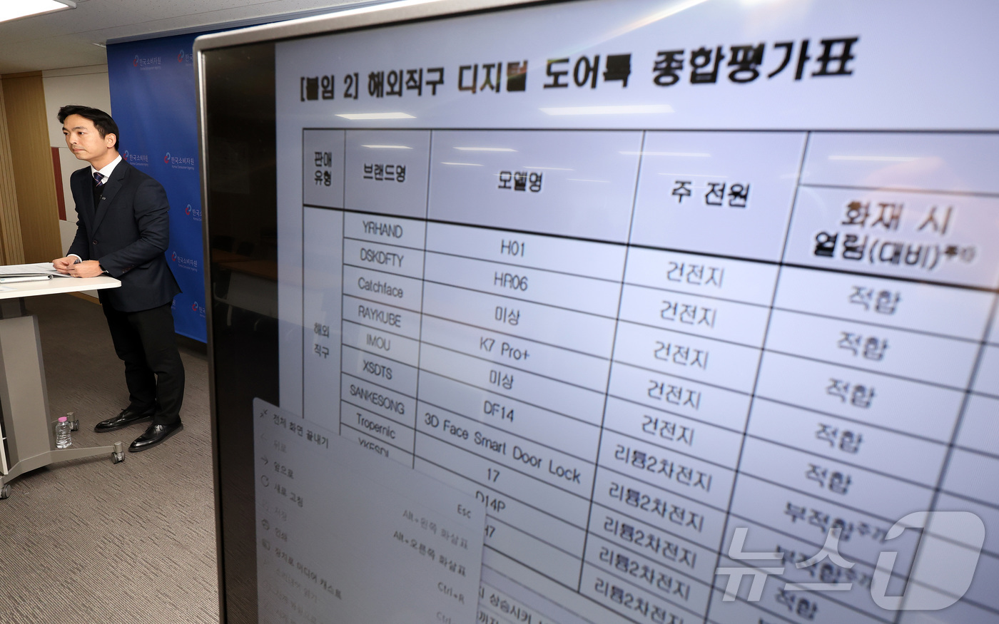 (서울=뉴스1) 이동해 기자 = 나은수 스마트제품시험국 기계모빌리티팀 팀장이 18일 서울 송파구 한국소비자원 서울지원에서 해외직구 디지털 도어록 품질 및 안전성 시험평가 결과 발표 …