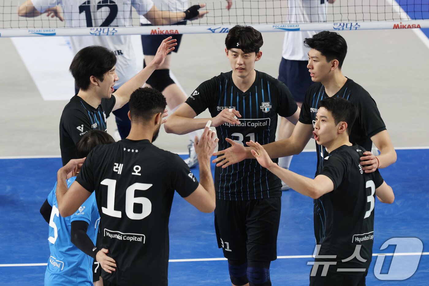 본문 이미지 - 18일 오후 충남 천안시 유관순체육관에서 열린 남자 프로배구 '도드람 2024-2025 V리그' 현대캐피탈과 대한항공의 경기에서 현대캐피탈 선수들이 득점에 성공한 뒤 기뻐하고 있다. 2025.2.18/뉴스1 ⓒ News1 김영운 기자