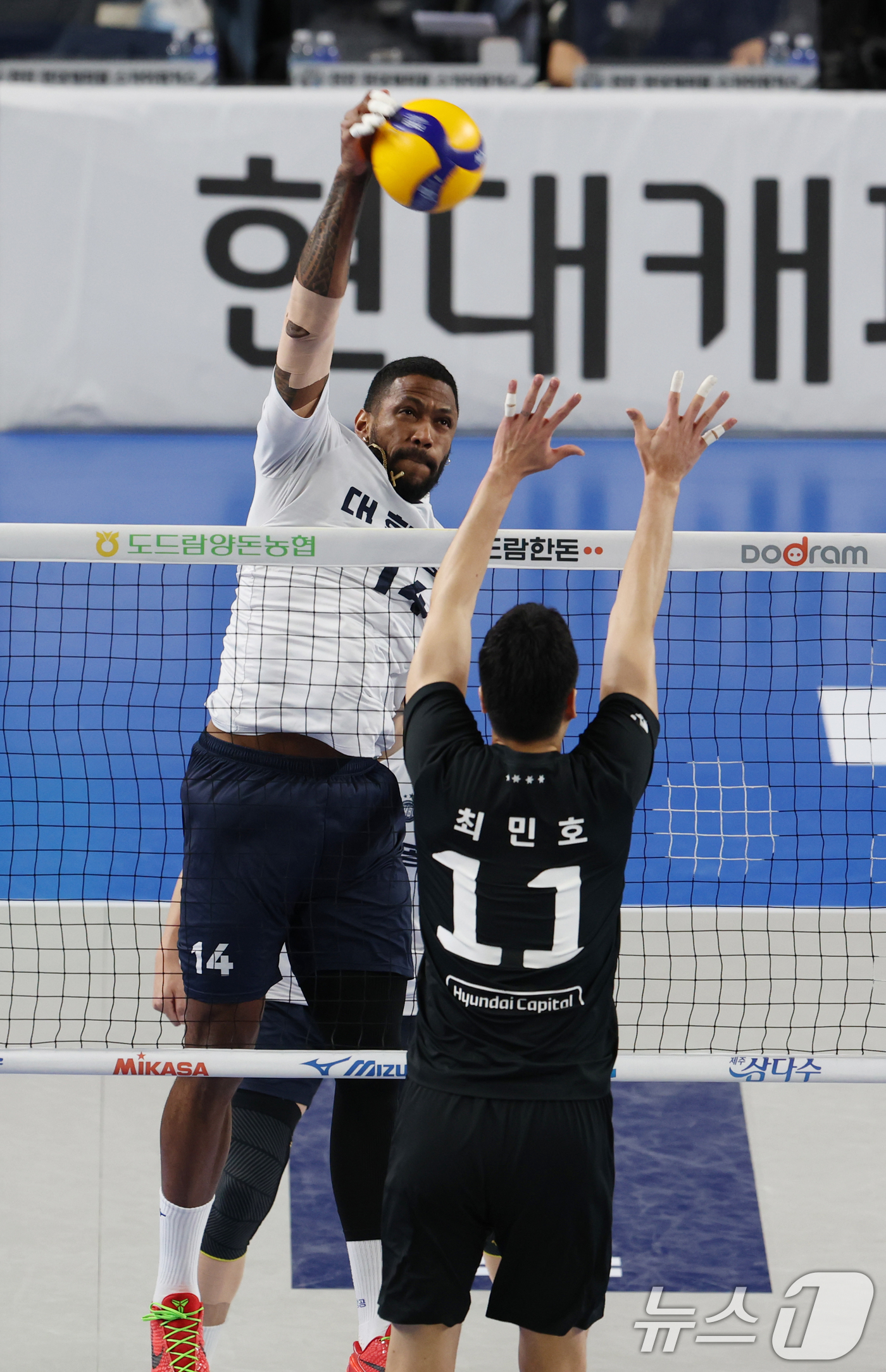 (천안=뉴스1) 김영운 기자 = 18일 오후 충남 천안시 유관순체육관에서 열린 남자 프로배구 '도드람 2024-2025 V리그' 현대캐피탈과 대한항공의 경기에서 대한항공 요스바니가 …