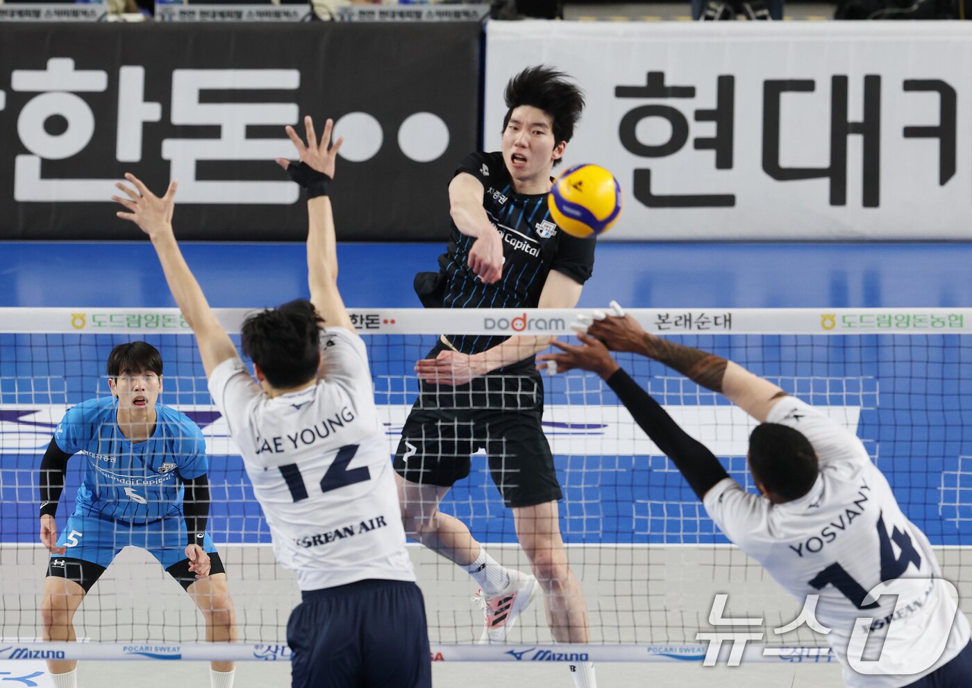 본문 이미지 - 18일 오후 충남 천안시 유관순체육관에서 열린 남자 프로배구 '도드람 2024-2025 V리그' 현대캐피탈과 대한항공의 경기에서 현대캐피탈 허수봉이 스파이크 공격을 하고 있다. 2025.2.18/뉴스1 ⓒ News1 김영운 기자