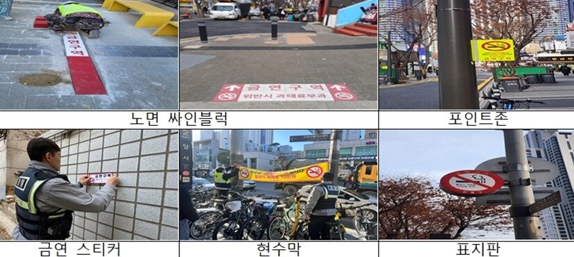본문 이미지 - 서울경찰청 기동순찰대는 천호역 로데오거리에 노면 싸인블럭, 현수막, 금연스티커, 표지판, 포인트존, 화분 등 6종 174개 시설물을 설치해 시민들이 한눈에 금연구역을 인식할 수 있도록 조치했다고 19일 밝혔다.&#40;기동순찰대 제공&#41;