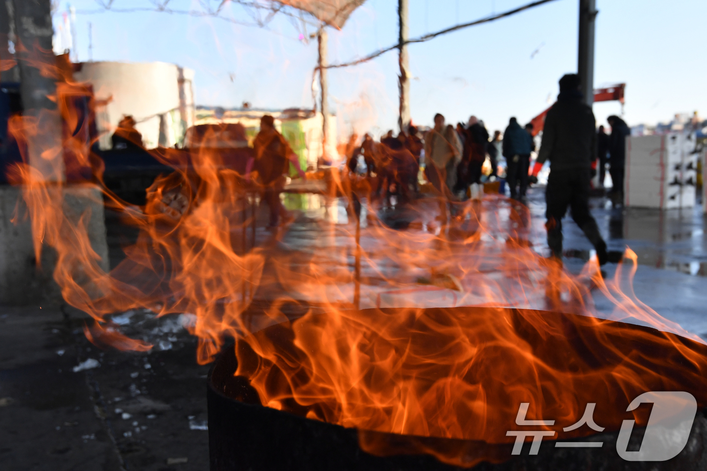(포항=뉴스1) 최창호 기자 = 꽃샘추위가 찾아온 20일 오전 경북 포항시 죽도어시장 위판장에 상인들이 피워 놓은 모닥불이 타고 있다. 2025.2.20/뉴스1