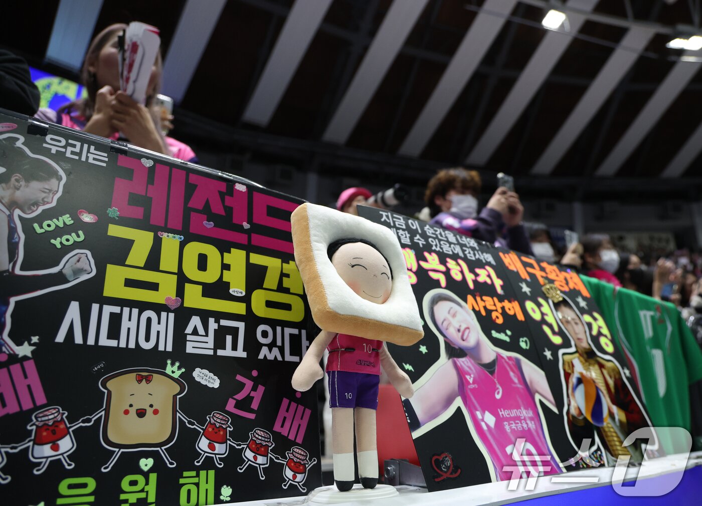 본문 이미지 - 21일 오후 경기 수원시 장안구 수원실내체육관에서 열린 프로배구 '도드람 2024-2025 V-리그' 여자부 현대건설과 흥국생명의 경기에서 흥국생명 팬들이 김연경을 응원하고 있다. 2025.2.21/뉴스1 ⓒ News1 김영운 기자