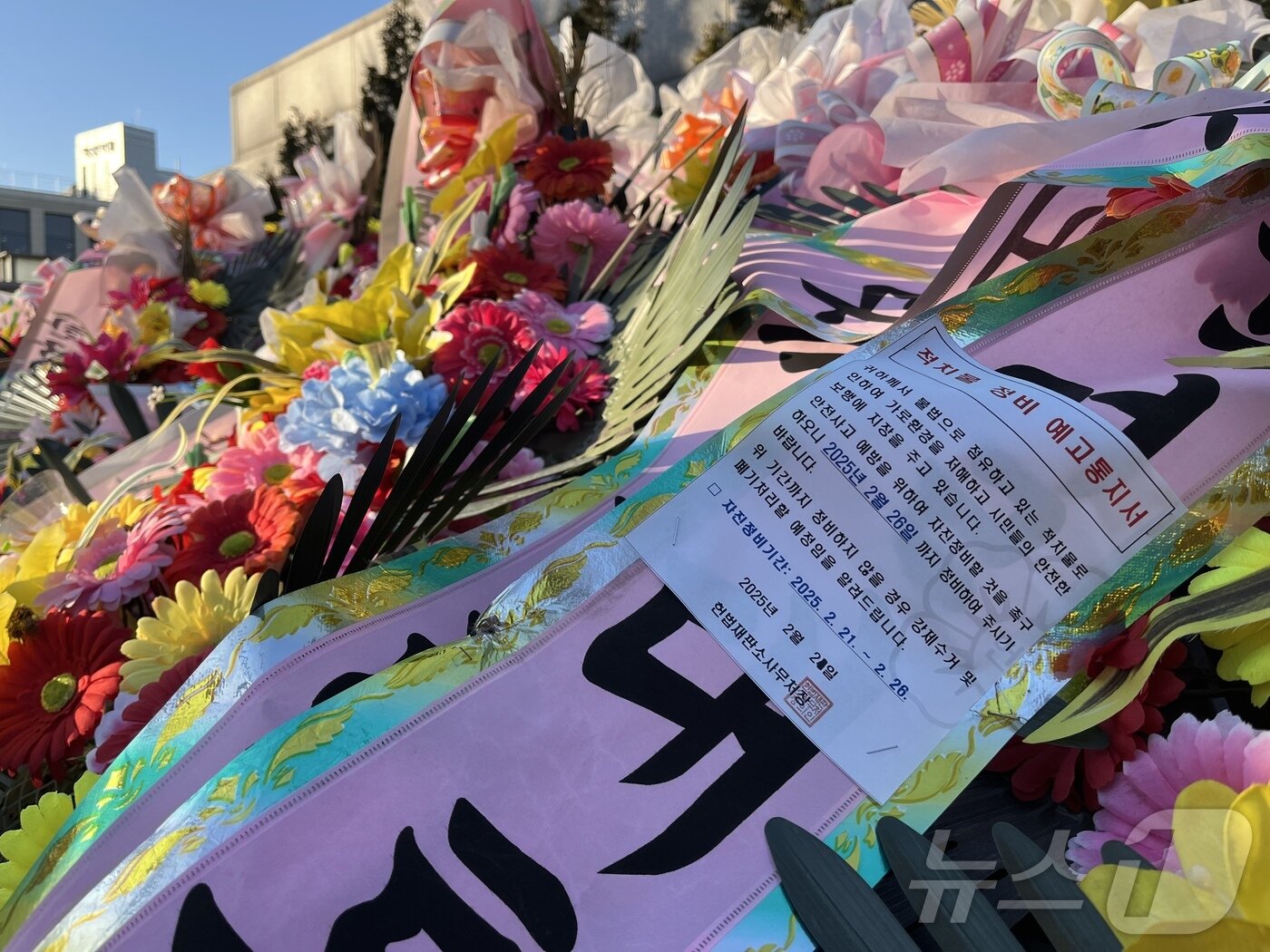 본문 이미지 - 24일 오전 서울 종로구 헌법재판소 정문 인근에 줄지어 선 화환들. 2025.2.24/뉴스1 ⓒ News1 김종훈 기자