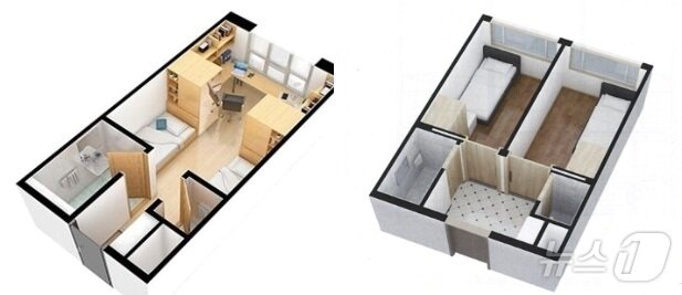 본문 이미지 - 국립대 BTL 기숙사 기준면적 변경 전 공동침실(왼쪽)에서 확대 후 개인침실로 구성된 모습. (교육부 제공, 재판매 및 DB 금지)