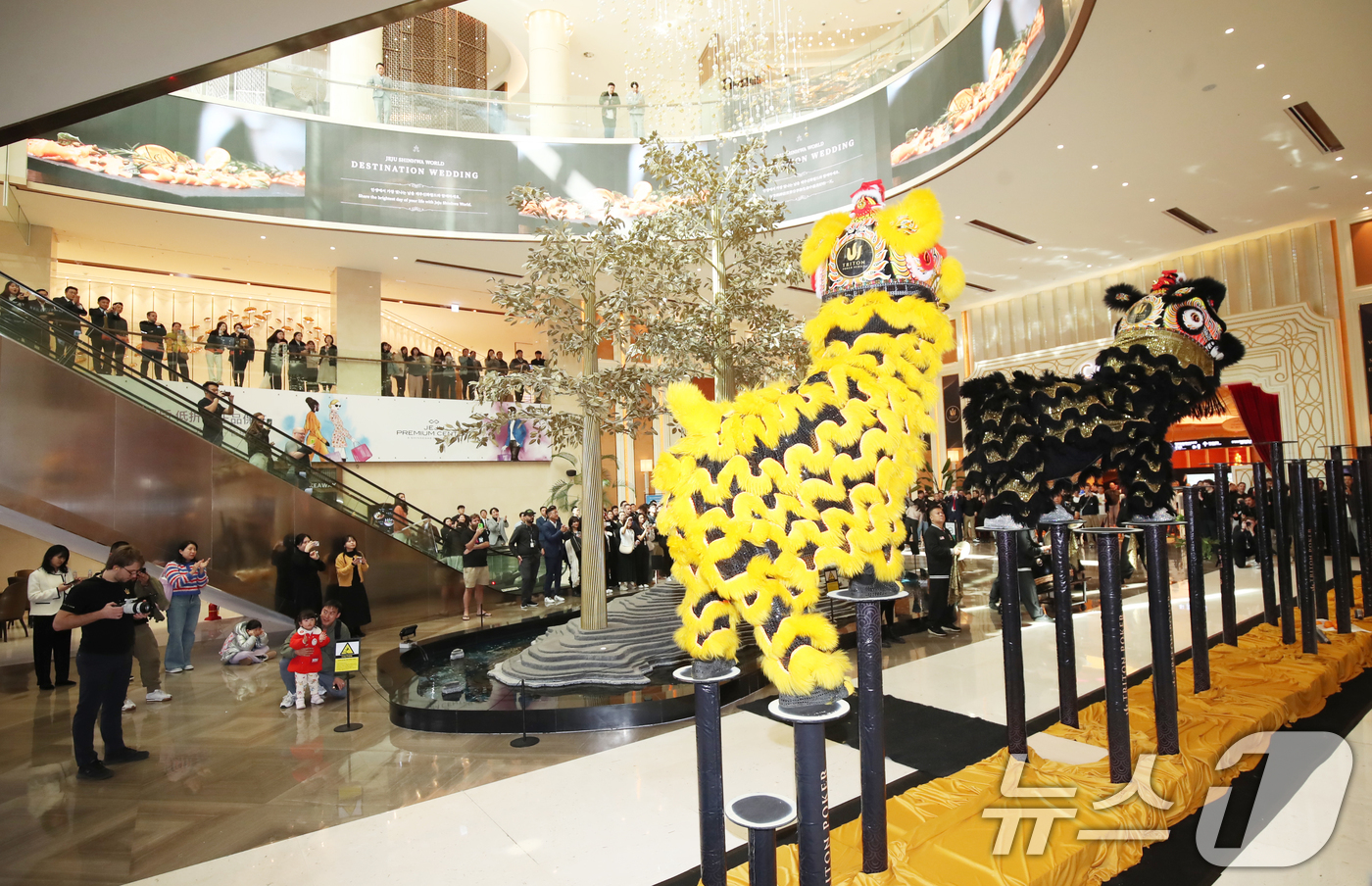 (서귀포=뉴스1) 오현지 기자 = 26일 제주 서귀포시 안덕면 제주신화월드에서 액운을 쫓고 행운을 기원하는 홍콩 전통 사자춤 공연이 진행되고 있다. 2025.2.6/뉴스1