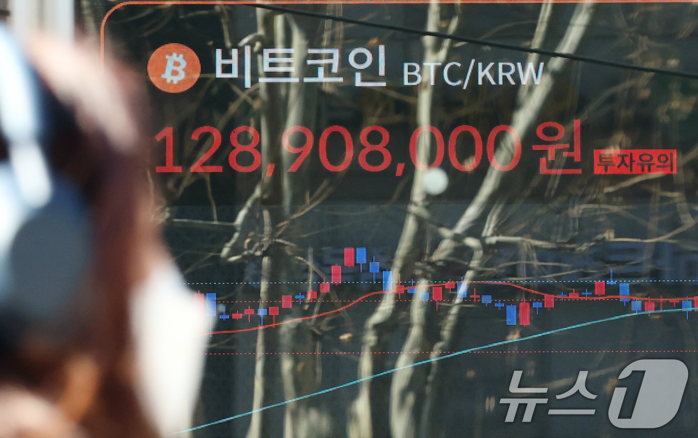 (서울=뉴스1) 김명섭 기자 = 26일 오후 서울 서초구 빗썸라운지 전광판에 비트코인 시세가 표시되고 있다.비트코인 등 가상화폐 가격 급락은 미국 중앙은행인 연방준비제도(Fed·연 …