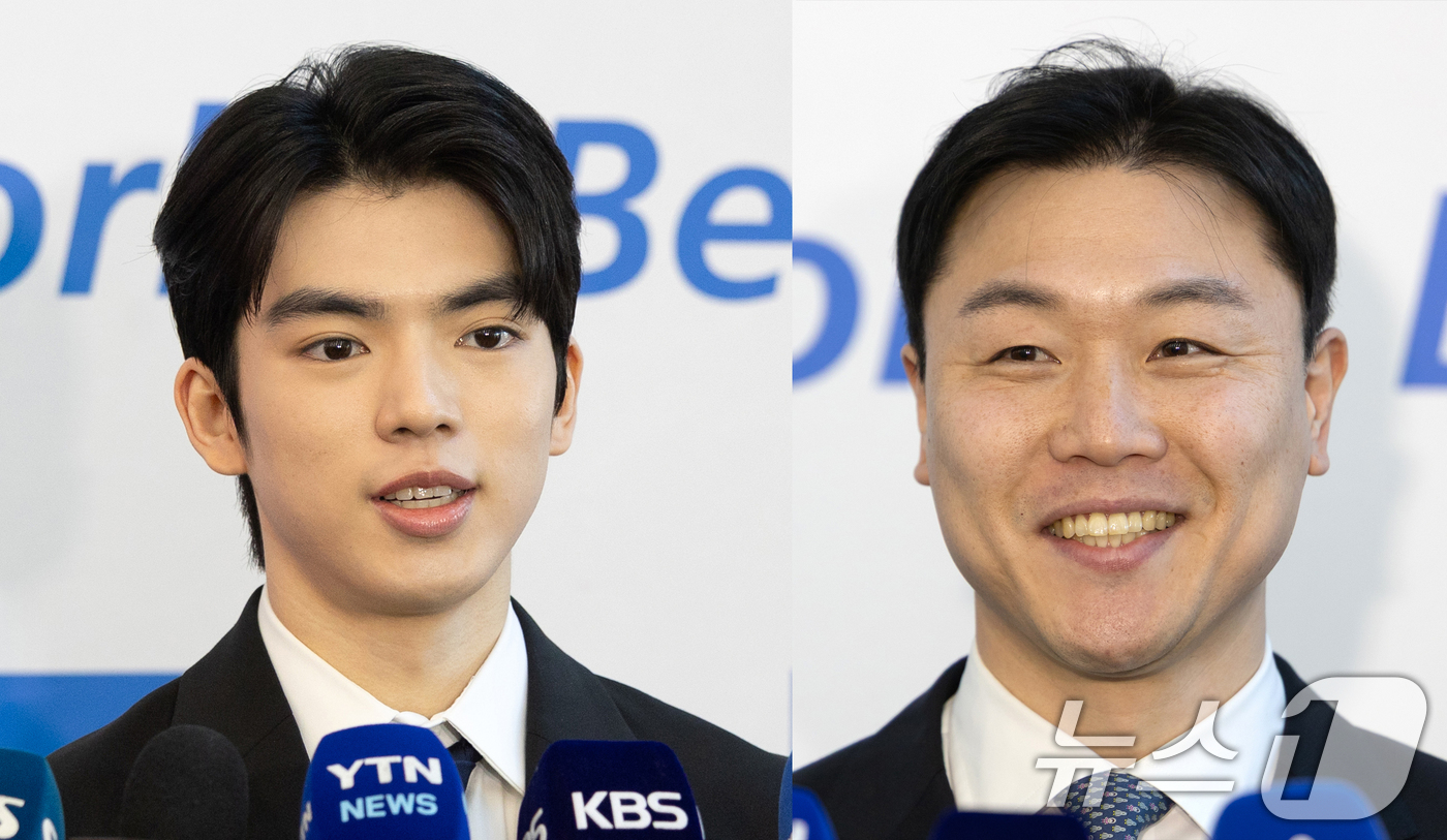 (서울=뉴스1) 이승배 기자 = 국제올림픽위원회(IOC) 선수위원에 도전하는 피겨 차준환(왼쪽), 봅슬레이 메달리스트 원윤종이 26일 오후 서울 송파구 올림픽회관에서 열린 국내 후 …