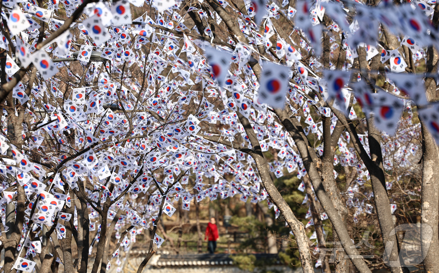(서울=뉴스1) 김도우 기자 = 3.1절을 이틀 앞둔 27일 오후 서울 용산구 효창공원에 태극기 거리가 조성돼 있다. 2025.2.27/뉴스1