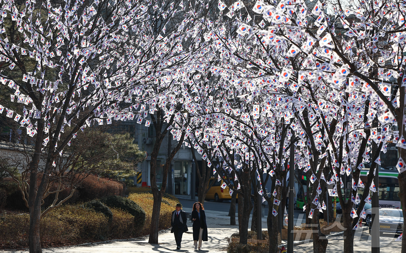 (서울=뉴스1) 김도우 기자 = 3.1절을 이틀 앞둔 27일 오후 서울 용산구 효창공원에 태극기 거리가 조성돼 있다. 2025.2.27/뉴스1