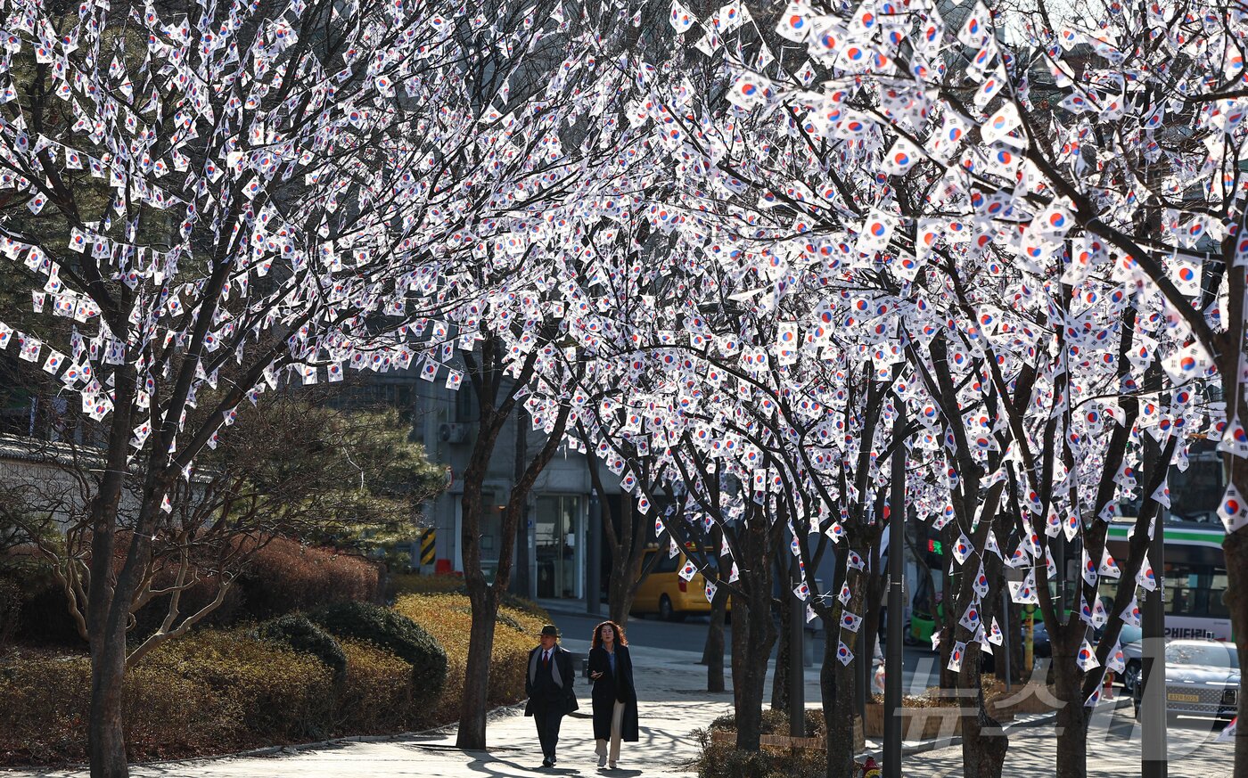 본문 이미지 - 3.1절을 이틀 앞둔 27일 오후 서울 용산구 효창공원에 태극기 거리가 조성돼 있다. 2025.2.27/뉴스1 ⓒ News1 김도우 기자