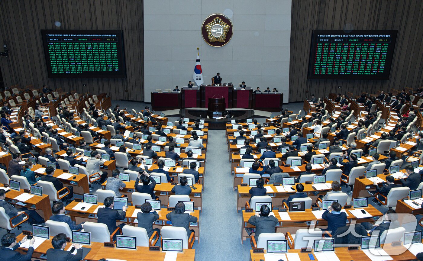 본문 이미지 - 27일 오후 서울 여의도 국회에서 열린 제422회 국회&#40;임시회&#41; 제7차 본회의에서 명태균과&ensp;관련한&ensp;불법&ensp;선거개입&ensp;및&ensp;국정농단&ensp;사건&ensp;등의&ensp;진상규명을&ensp;위한&ensp;특별검사의&ensp;임명&ensp;등에&ensp;관한&ensp;법률안이 가결되고 있다. 2025.2.27/뉴스1 ⓒ News1 이재명 기자