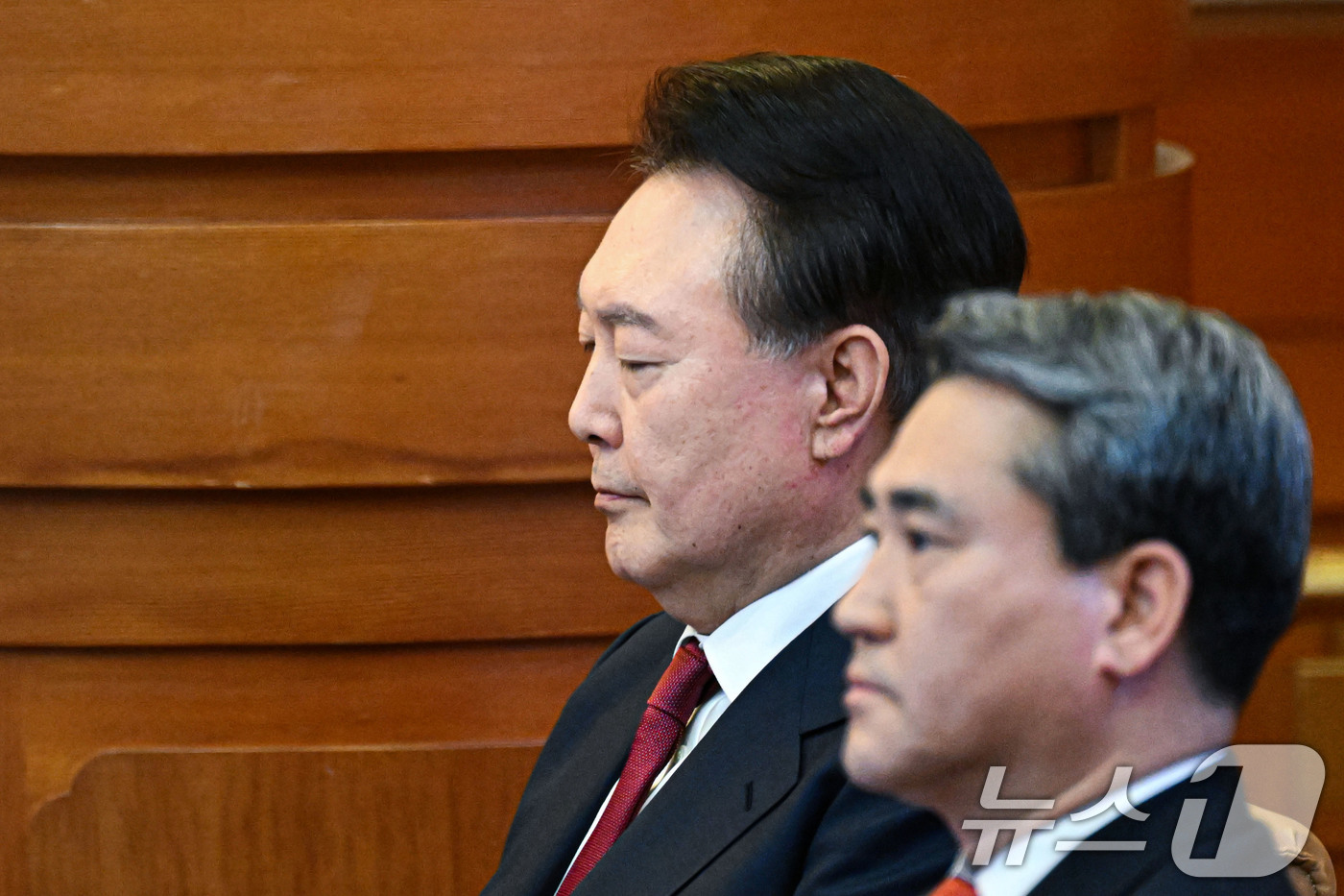 (서울=뉴스1) 사진공동취재단 = 윤석열 대통령이 4일 서울 종로구 헌법재판소에서 열린 탄핵심판 5차 변론기일에 출석해 있다. 2025.2.4/뉴스1