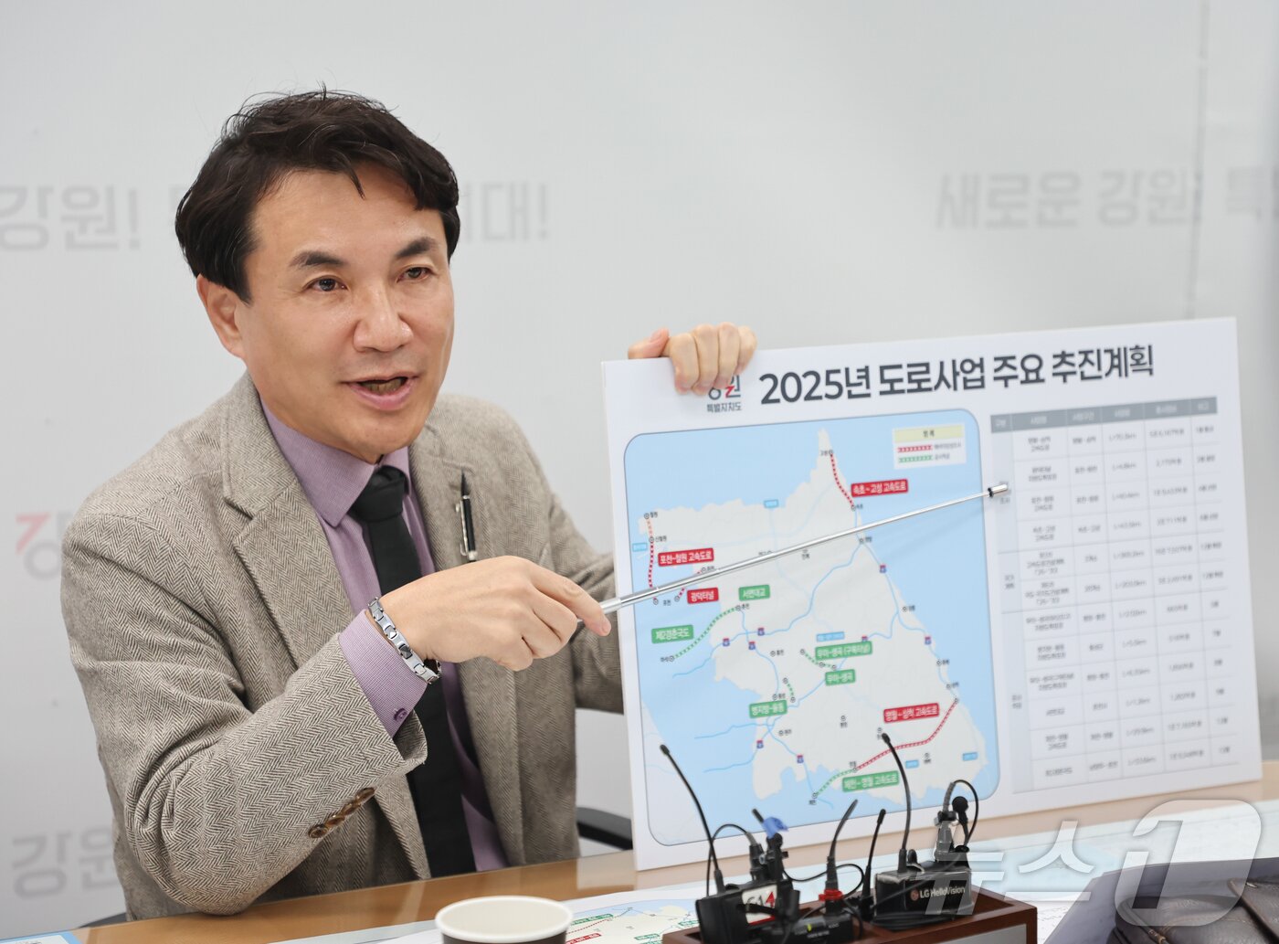 본문 이미지 - 김진태 강원도지사가 지난 3일 도청 기자실에서 '2025년 도로사럽 주요 추진계획'을 발표하고 있다.(강원도 제공) 2025.2.4/뉴스1