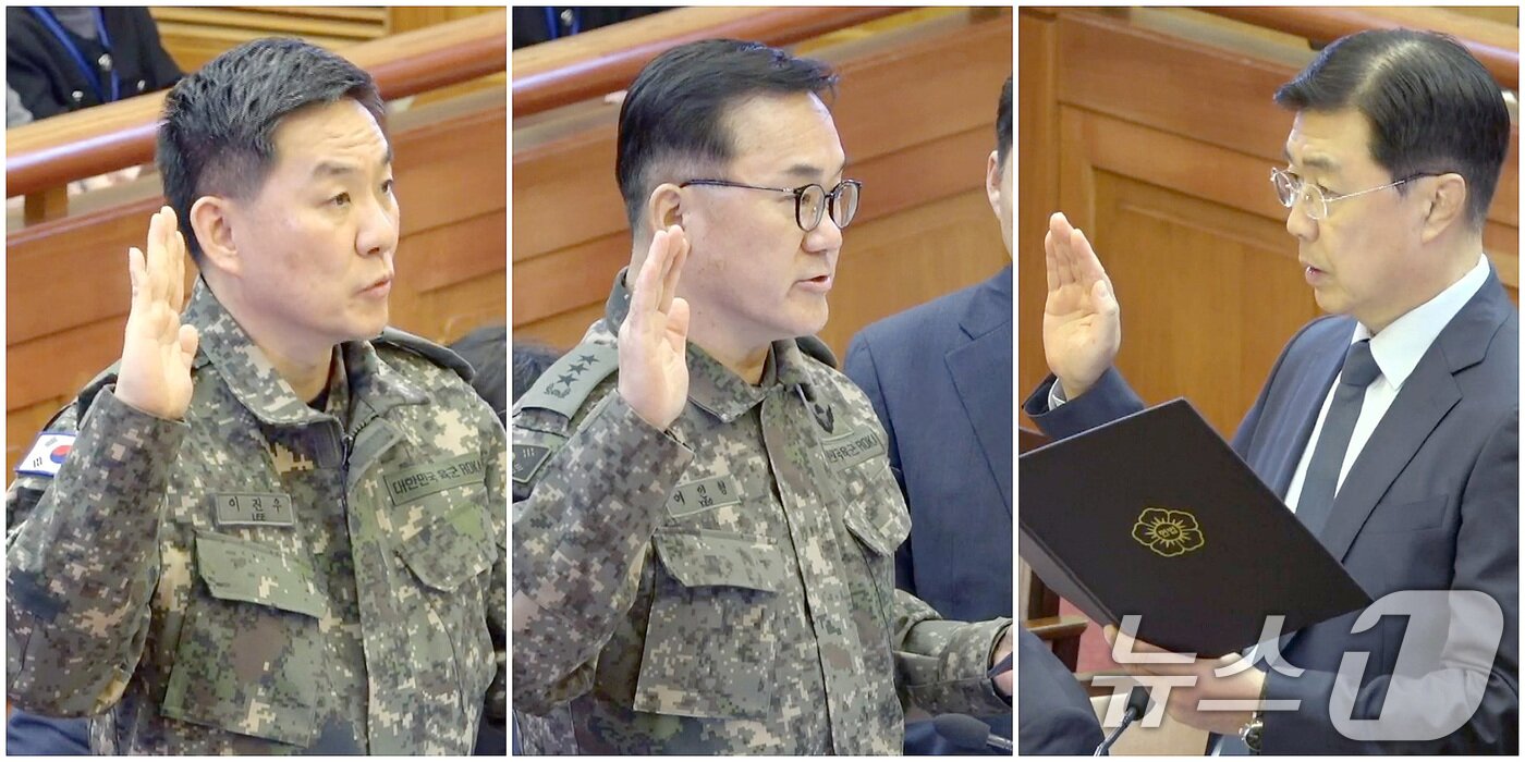 본문 이미지 - 이진우 전 육군 수도방위사령관(왼쪽부터)과 여인형 전 국군방첩사령관, 홍장원 전 국가정보원 제1차장이 4일 서울 종로구 헌법재판소에서 열린 윤석열 대통령 탄핵심판 5차 변론기일에 각각 참석해 증인 선서를 하고 있다. (헌법재판소 제공) 2025.2.4/뉴스1