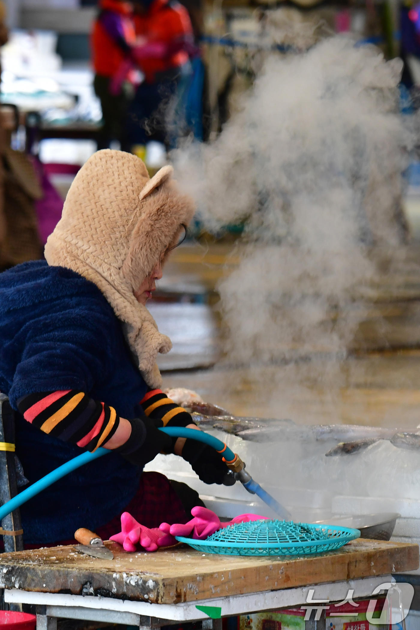 (포항=뉴스1) 최창호 기자 = 한파가 이어진 5일 오전 경북 포항시 죽도어시장에서 두터운 옷차림의 상인이 물을 끓이고 있다. 2025.2.5/뉴스1