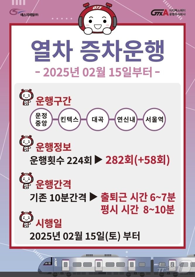 본문 이미지 - 15일부터 변경되는 GTX-A노선 서울역~운정중앙역 시간표. (SG레일 제공)
