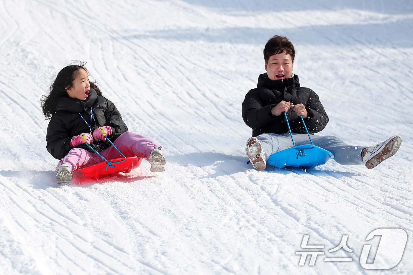 (대구=뉴스1) 공정식 기자 = 동장군이 맹위를 떨친 5일 오후 대구 달서구 테마파크 이월드를 찾은 가족이 눈썰매장에서 신나게 눈썰매를 타고 있다. 2025.2.5/뉴스1