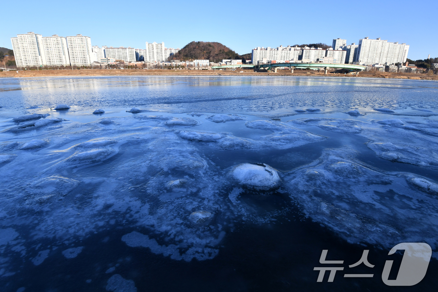 (포항=뉴스1) 최창호 기자 = 6일 오전 경북  포항시 남구 연일읍 형산강 주변이 연일 이어진 강추위에 꽁꽁 얼어있다. 2025.2.6/뉴스1