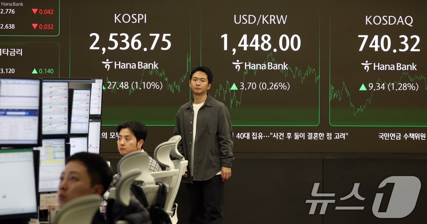 본문 이미지 - 서울 중구 하나은행 본점 딜링룸 전광판./뉴스1 ⓒ News1 김명섭 기자
