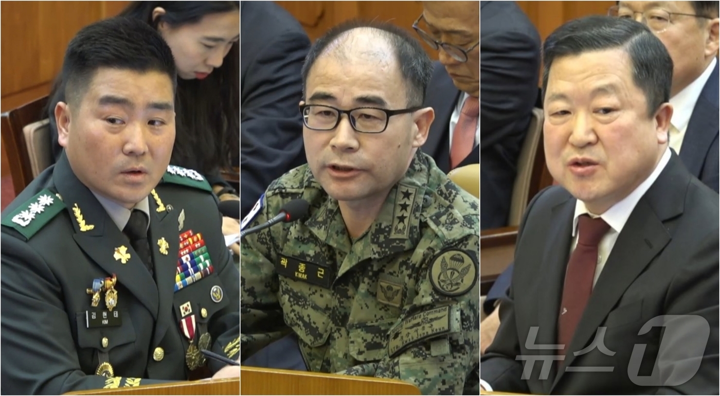 (서울=뉴스1) = 김현태 707특수임무단장, 곽종근 전 육군 특수전사령관, 박춘섭 대통령실 경제수석(왼쪽부터)이 6일 서울 종로구 헌법재판소에서 열린 탄핵 심판 6차 변론기일에서 …