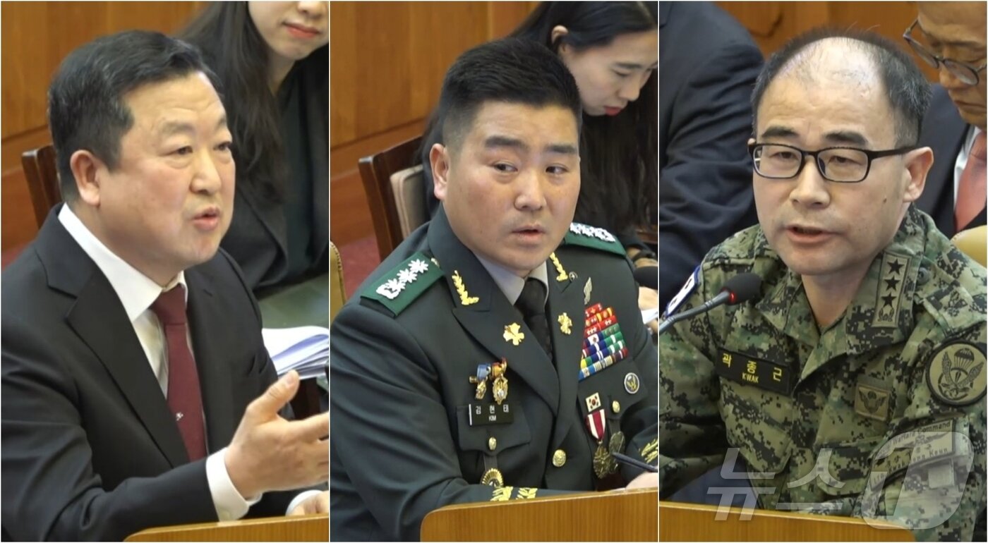 본문 이미지 - 박춘섭 대통령실 경제수석(왼쪽부터), 김현태 707특수임무단장, 곽종근 전 육군 특수전사령관이 6일 서울 종로구 헌법재판소에서 열린 탄핵 심판 6차 변론기일에서 질문에 답하고 있다. (헌법재판소 제공) 2025.2.6/뉴스1